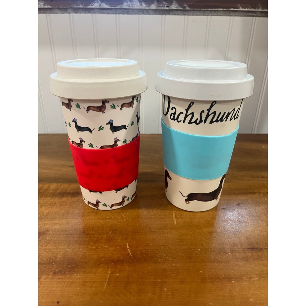 Milly Green Reusable Tumblers Set of 2 Dachshund Puppy Dog Bamboo Kitchen Coffee